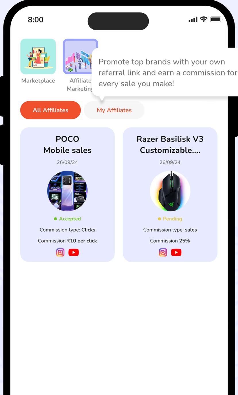 Affiliate product list showing commission type and rate per product