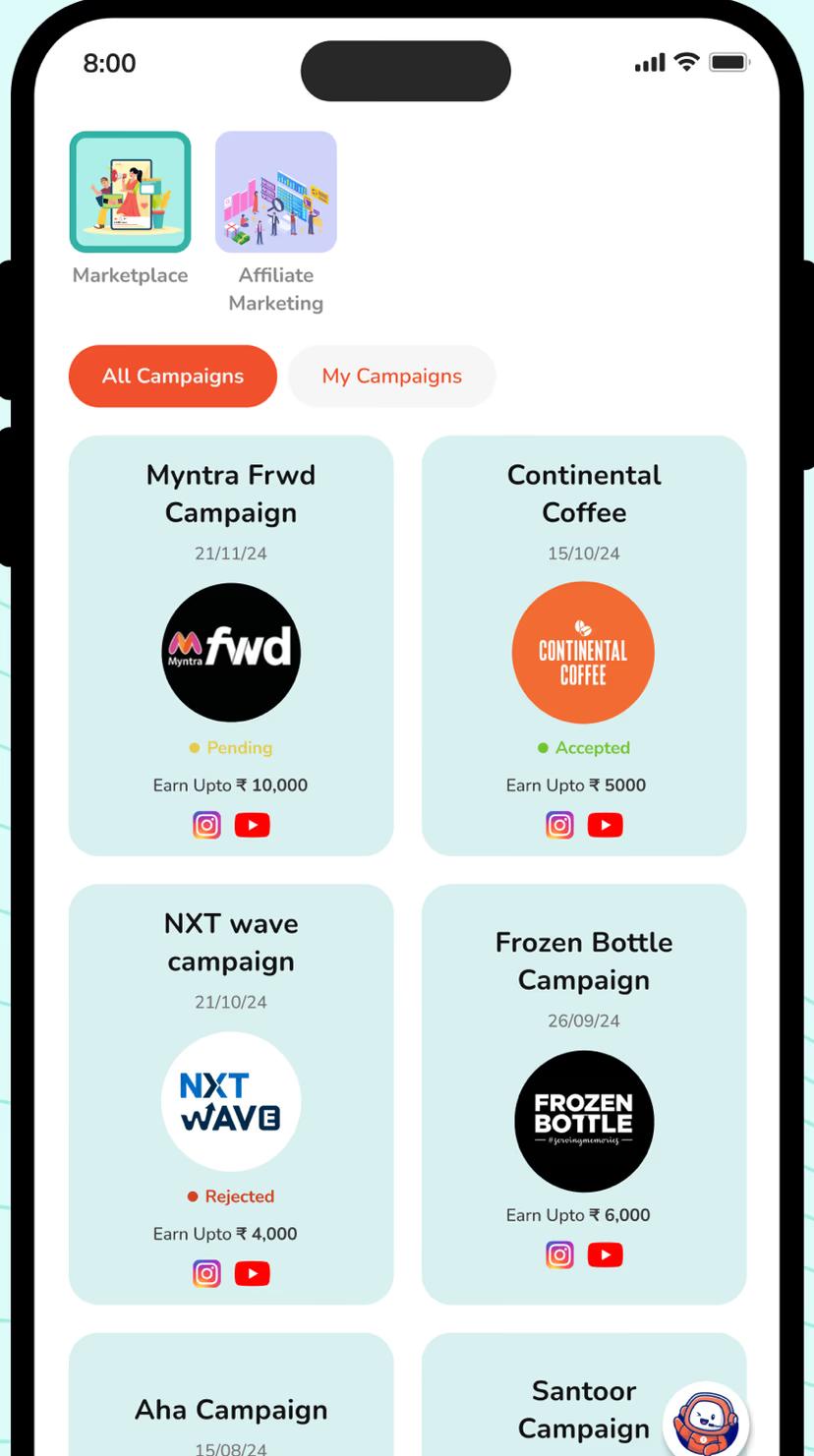 Brand campaign marketplace with live campaigns, payouts and statuses