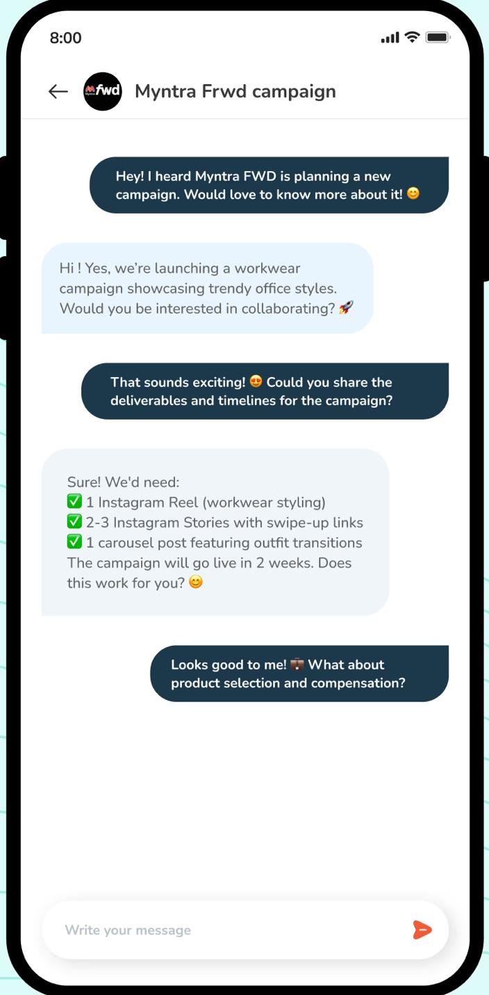 In-app chat between a creator and a brand