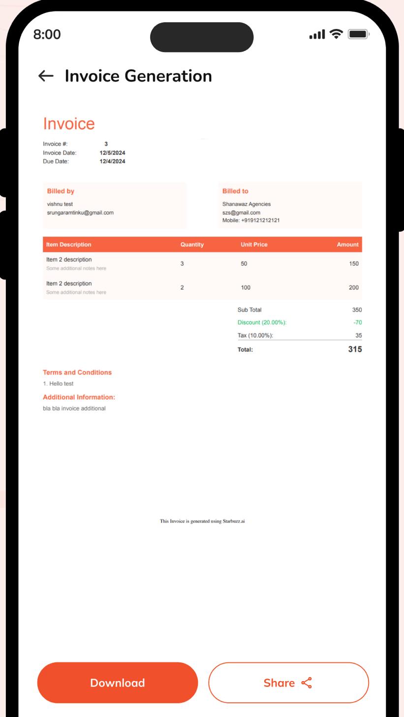 GST invoice generated inside the app with line items and totals
